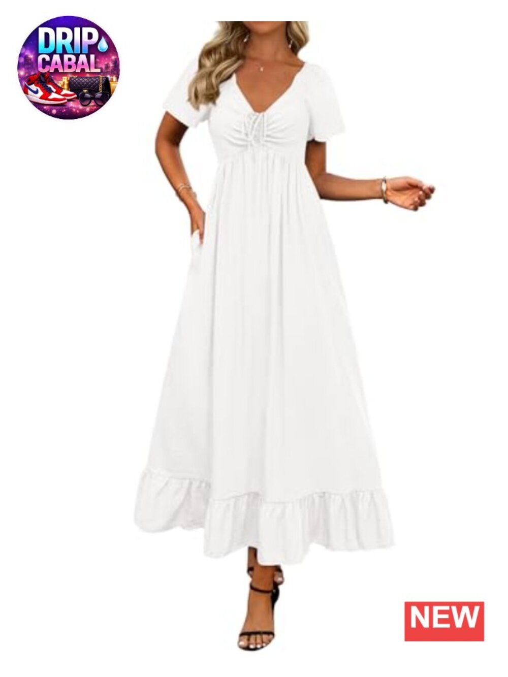 Short Sleeve V Neck Drawstring Maxi Dress with Pockets